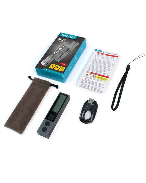 Pocket Size Laser Distance Meter With Alloy Housing, Rechargeable, Backlit Display, accessories laid out, including manual and USB cable.