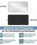 Heavy Duty Foldable Windshield Sun Shade Deflects Blazing Summer Heat And Keeps Your Ride Cool While Blocking Uv Rays, showcasing front and back sides.