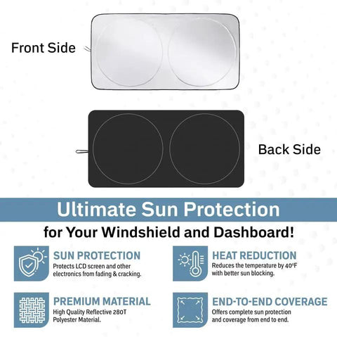 Heavy Duty Foldable Windshield Sun Shade Deflects Blazing Summer Heat And Keeps Your Ride Cool While Blocking Uv Rays, showcasing front and back sides.