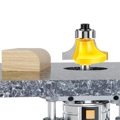 Pro Grade Four Piece Roundover Router Bit Set With One Quarter Inch Shank And C3 Carbide Cutters used on wood to create rounded edge.