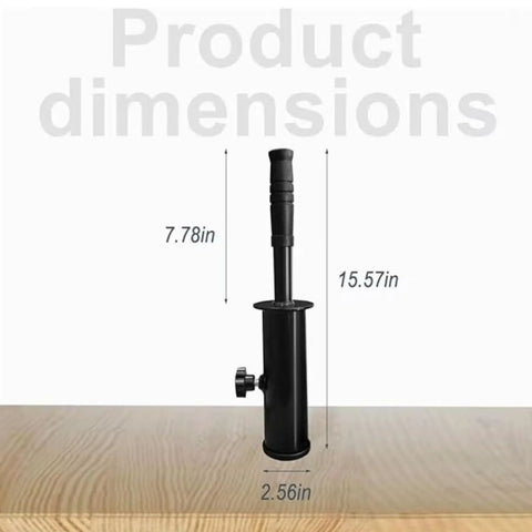 Heavy Duty Weight Attachment Handle For Home Gym Built From Carbon Steel And Rubber Ideal For Deadlifts And Full Body Workouts Strength Training Accessory That Elevates Your Lifts And Grows Real Gains with dimensions highlighted on wooden surface.