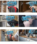 Premium Multifunctional Cordless Electric Drill Kit Featuring Badass Torque Copper Core Motor Quick Charge Battery Life used for drilling wood and tightening screws.