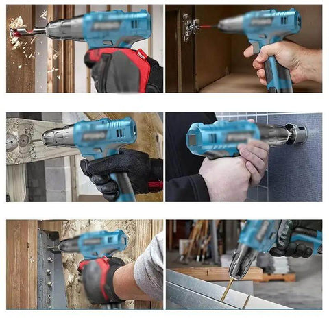 Premium Multifunctional Cordless Electric Drill Kit Featuring Badass Torque Copper Core Motor Quick Charge Battery Life used for drilling wood and tightening screws.