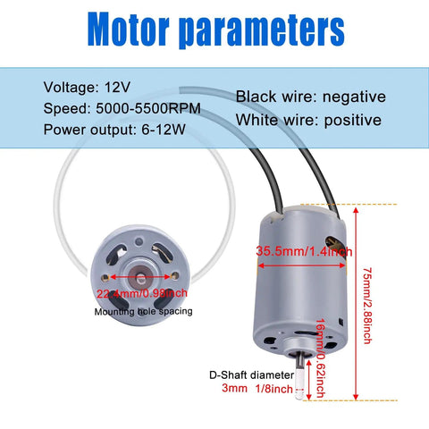 6-Inch RV Vent Fan Blade With 12V D-Shaft Motor Replacement showing motor dimensions and wire specifications