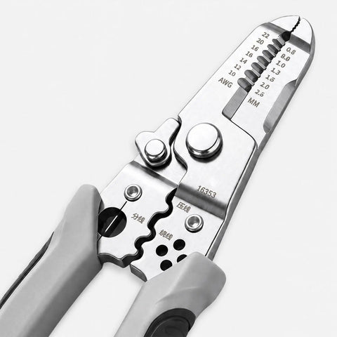Heavy Duty Wire Stripper Pliers Manual Hand Tool With Stripping Cutting And Gripping Sections For Electrical Work, close-up view.