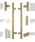 36 Inch Solid Stainless Door Pull Handle in Satin Gold Finish for Glass and Barn Doors Beefy Heavy Duty Push Pull Hardware 304 Stainless Steel Standoffs 52mm, with detailed parts and components display.