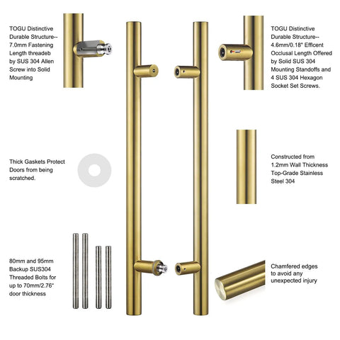 18 Inch Solid Standoffs Push Pull Door Handle Set In Satin Gold Finish For Barn Door Pulls Glass Pulls And Interior Doors Heavy Duty Commercial Grade 304 Stainless Steel, front view