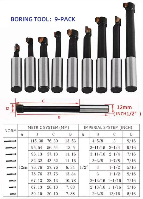 Nine Piece R8 Boring Head Set With Two Inch Heads And Morse Shank BT For Milling Heavy Duty Boring Bar Kit Includes measurement chart
