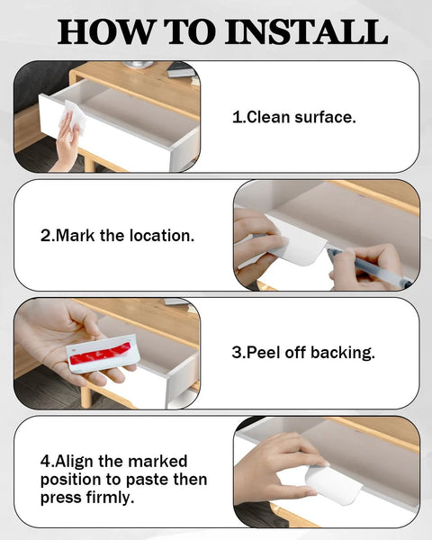 Installation steps for 6 Pack Adhesive Edge Pulls for Cabinets and Drawers, showing cleaning, marking, peeling, and aligning pulls.