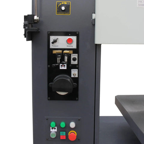 Close-up of controls on the Heavy Duty 16 Inch Vertical Metal Cutting Bandsaw With 220V Single Phase Variable Speed Pro Grade Integrated Blade Welder And Grinder Tilting Cast Iron Table For Steel Aluminum And Plastic VS 1611.