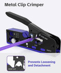 Versatile All In One RJ45 Crimp Tool With Adjustable Knob in use with purple cable, showing metal clip for CAT7 to CAT5E installations.