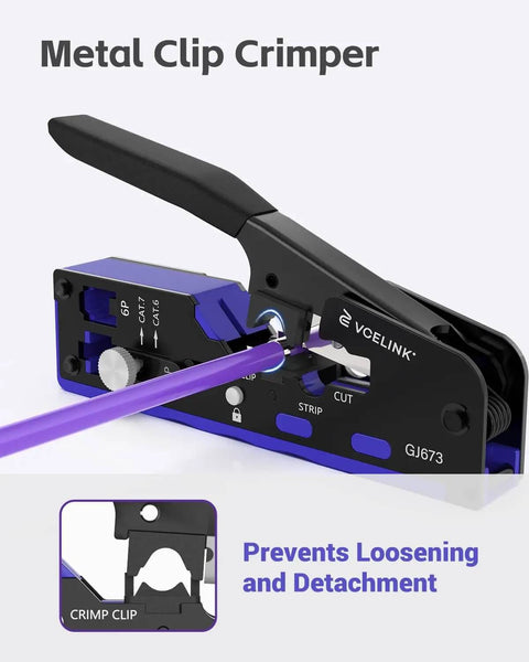 Versatile All In One RJ45 Crimp Tool With Adjustable Knob in use with purple cable, showing metal clip for CAT7 to CAT5E installations.
