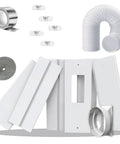 95 Inch Sliding Door AC Vent Kit With Extendable 5.1 Inch Hose, Screen Net and Weather Stripping displayed with components