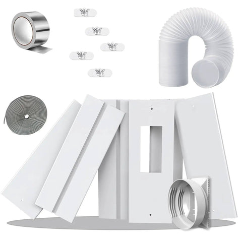 95 Inch Sliding Door AC Vent Kit With Extendable 5.1 Inch Hose, Screen Net and Weather Stripping displayed with components