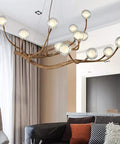 Modern Glass Bubble Chandelier With Sleek Wood Branch Accents, Rustic Industrial Flush Mount Pendant Light For Living Room, adjustable lamp over sofa.
