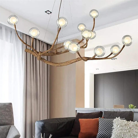 Modern Glass Bubble Chandelier With Sleek Wood Branch Accents, Rustic Industrial Flush Mount Pendant Light For Living Room, adjustable lamp over sofa.