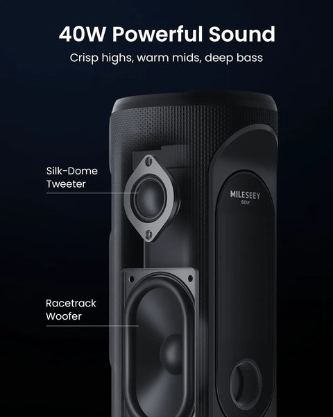 GeneSonic Pro Golf Speaker With Detachable GPS Rangefinder No Subscription shown with tweeter and woofer details.