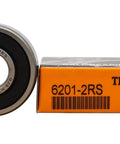 2 Pack 6201 2RS Deep Groove Ball Bearings 12x32x10mm with Double Rubber Seals shown beside branded box