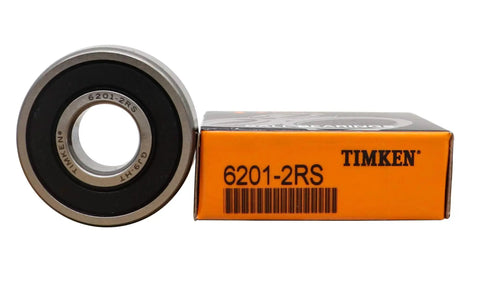 2 Pack 6201 2RS Deep Groove Ball Bearings 12x32x10mm with Double Rubber Seals shown beside branded box