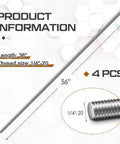Four Pack One Quarter Inch Twenty Full Thread Stainless Steel Rod Thirty Six Inches Long showing length and thread size specifications.