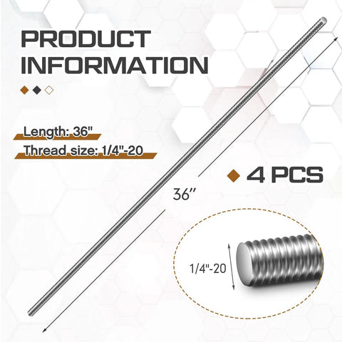 Four Pack One Quarter Inch Twenty Full Thread Stainless Steel Rod Thirty Six Inches Long showing length and thread size specifications.