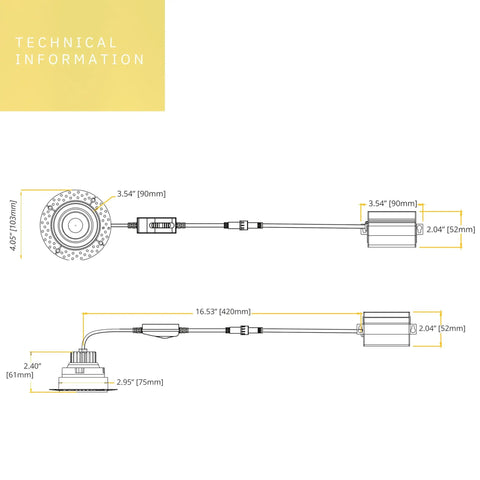Technical diagram of Trimless 2 Inch Gimbal Round LED Downlight Luminaire White Finish Dimmable 8W 65W Equivalent 600 Lumens