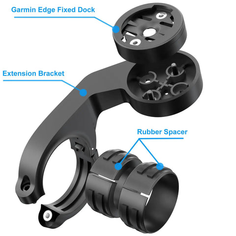 Out Front Bike Mount For Edge GPS Computers With Extended Handlebar Arm showing fixed dock, extension bracket, and rubber spacer