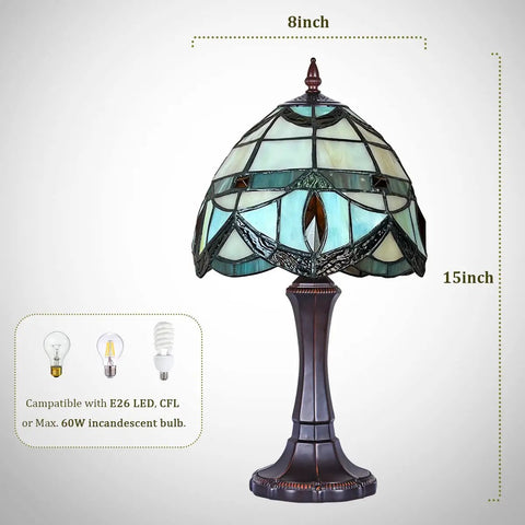 Cozy Tiffany Style Table Lamp With Cream Crystal Stained Glass Shade, 8 Inch Vintage Desk Reading Light, 15 inch high