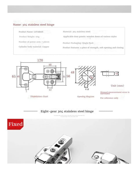 Diagram and image of Ten Pack Stainless Steel 304 Hydraulic Cabinet Door Hinges With Spring Dampers For Quiet Soft Close Kitchen Cupboard