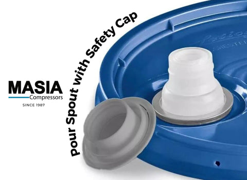 MASIA Compressors drum cap with spout, blue plastic lid and white fitting, Pro Grade Synthetic Rotary Screw Compressor Lubricant 5 Gal