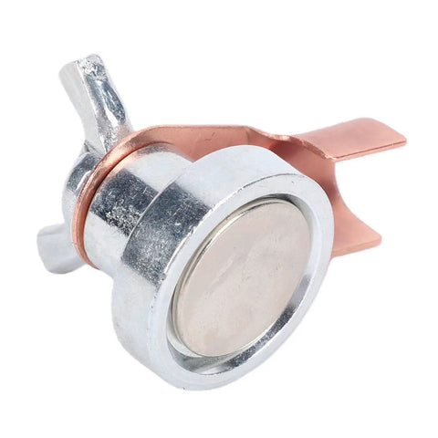 Huge Upgrade Your Welding Game With Quick Setup Magnetic Grounding Clamp with shiny stainless steel and copper components.