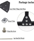 Package includes 4 T Shape Five Hole Corner Joint Plates for 20x20 Aluminum Extrusion with T Nuts, M5 Screws, and Hex Wrench
