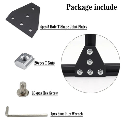Package includes 4 T Shape Five Hole Corner Joint Plates for 20x20 Aluminum Extrusion with T Nuts, M5 Screws, and Hex Wrench