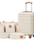 Cream softside luggage set with tan accents: 3-piece wheeled carry-on suitcase, duffel bag, and small pouch