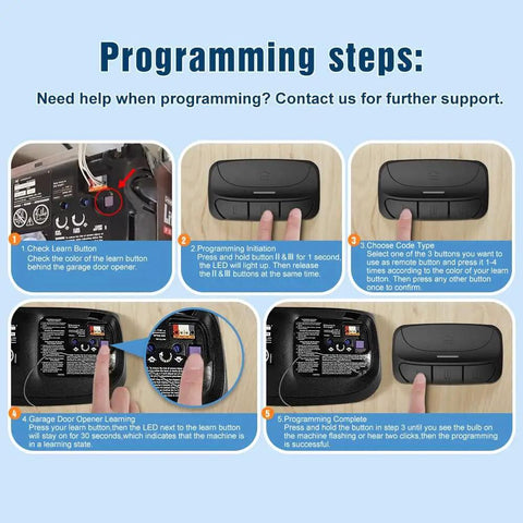 Programming instructions for Three Button Garage Door Remote with Five Color Learn Buttons Red Orange Yellow Green Purple, 310/315/390MHz