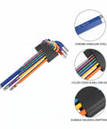 Solid 9-Piece Hex Key Set Crafted From Tough Chrome Vanadium Steel For Easy Bike Repair Furniture Assembly And Household Fixes That Get The Job Done Right. Color-coded hex keys in holder.