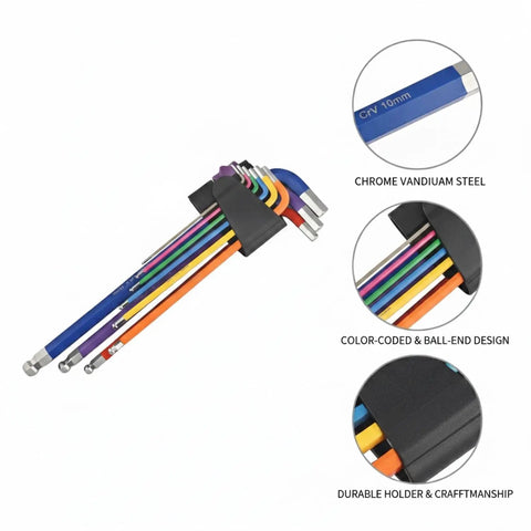 Solid 9-Piece Hex Key Set Crafted From Tough Chrome Vanadium Steel For Easy Bike Repair Furniture Assembly And Household Fixes That Get The Job Done Right. Color-coded hex keys in holder.
