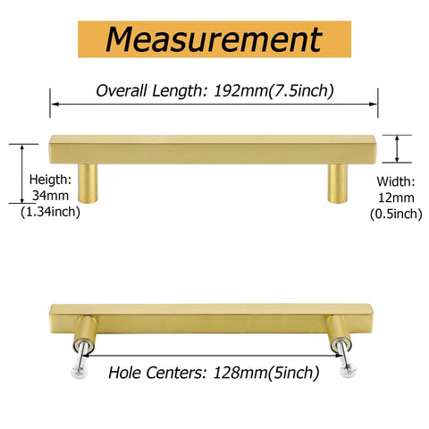 Dimensions of 20 Pack 5 Inch Brushed Brass Cabinet Pulls T Bar Drawer Handles, stainless steel with 128mm center to center.
