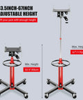 Heavy Duty 1100 Lbs Hydraulic Transmission Jack With 2 Stage Telescoping Arm And Massive Load Support For Smooth Engine Swaps On Any Car Or Light Truck In Your Home Garage Shop Today! showing adjustable heights from 33.5 to 67 inches.