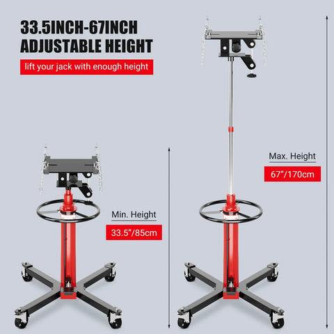 Heavy Duty 1100 Lbs Hydraulic Transmission Jack With 2 Stage Telescoping Arm And Massive Load Support For Smooth Engine Swaps On Any Car Or Light Truck In Your Home Garage Shop Today! showing adjustable heights from 33.5 to 67 inches.