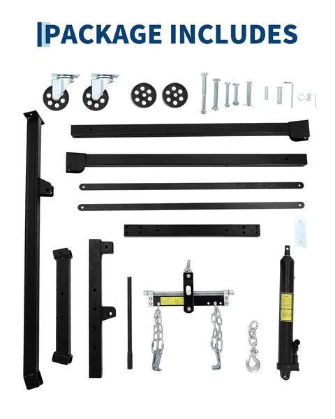 Heavy Duty Hydraulic Engine Hoist With Manual Lever And Rock Solid Cherry Picker setup parts including hooks, chains, and frame components.