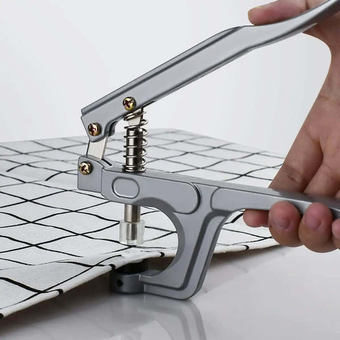 Close-up of All Purpose Snap Pliers Kit for Crafts and Clothing in use, showing easy snap fastener tool set for T3 T5 T8 snaps on fabric.