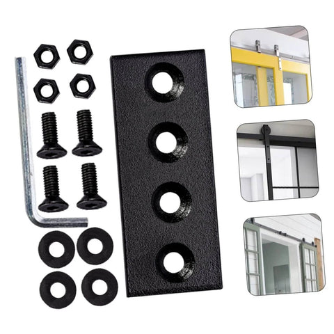 Carbon Splicing Piece Barn Door Track Connector Plate Kit No Fuss Install For Smooth Operation Easy Rail Assembly Track Fixing Bracket Flat Mending Repair Plate Quiet Durable Barn Door Sliding System Upgrade For Home Use, showing black hardware components and assembly illustrations.