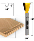 Hella Sharp 5 Piece Dovetail Router Bit Set With Quarter Inch Shank And Ridiculously Durable Tungsten Carbide Blades For Knocking Out Tight Cabinet Drawer Joints On Cnc Or Benchtop Routers, showing dimensions and router bit.