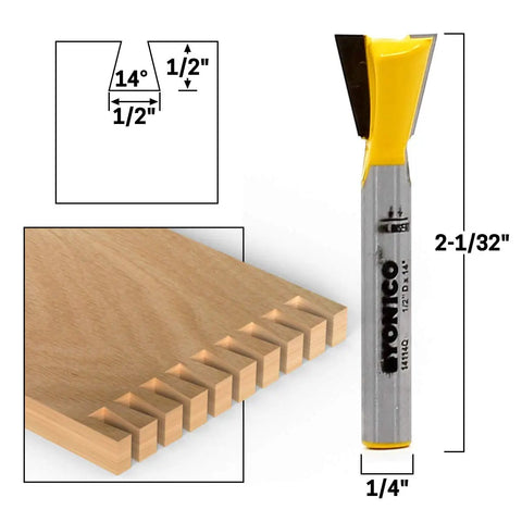 Hella Sharp 5 Piece Dovetail Router Bit Set With Quarter Inch Shank And Ridiculously Durable Tungsten Carbide Blades For Knocking Out Tight Cabinet Drawer Joints On Cnc Or Benchtop Routers, showing dimensions and router bit.
