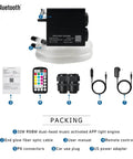 Packaging contents of Dual Port Fiber Optic Light Kit For Cars And Homes With RGBW Sound Activated Heads, 32W engine, cables, remote.