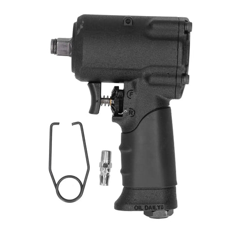 Heavy Duty One Quarter Inch Drive Pneumatic Impact Wrench with black grip and accessories for auto shop and home use
