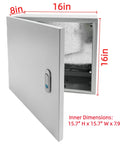Heavy Duty Rock Solid Carbon Steel Electrical Junction Box 16 X 16 X 8 Inch showing open door and inner dimensions.
