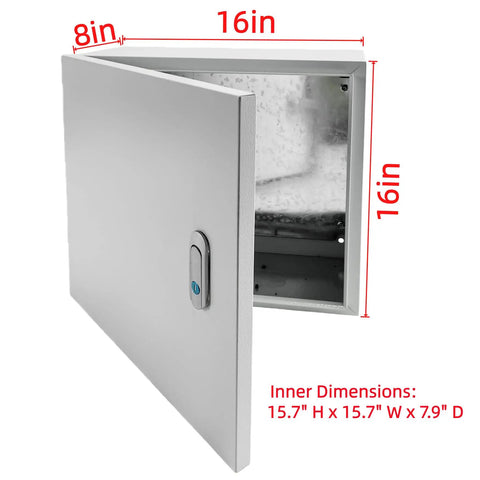 Heavy Duty Rock Solid Carbon Steel Electrical Junction Box 16 X 16 X 8 Inch showing open door and inner dimensions.