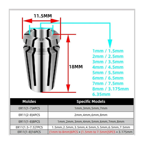 Premium AA Grade Spring ER11 Collet Chuck For Engraving And CNC Machining With High Precision 0.008mm Runout dimensions shown 11.5mm and 18mm.